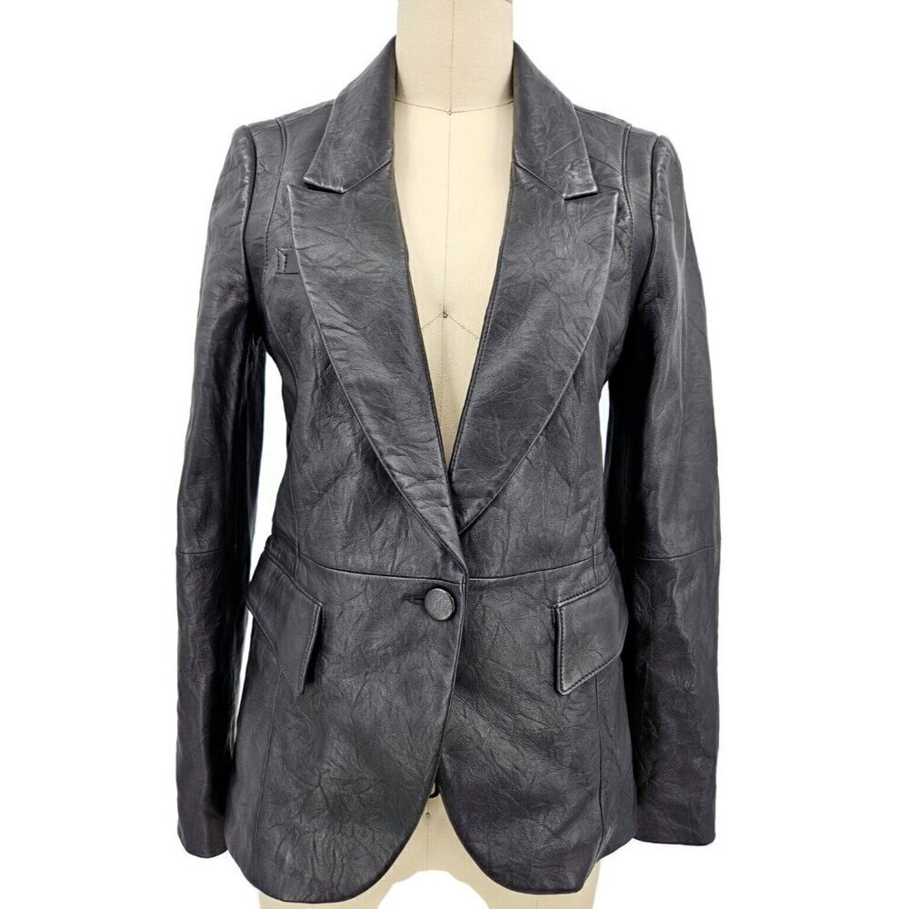 New Paige Yesenia Black Crinkle Leather Blazer Womens S Jacket
